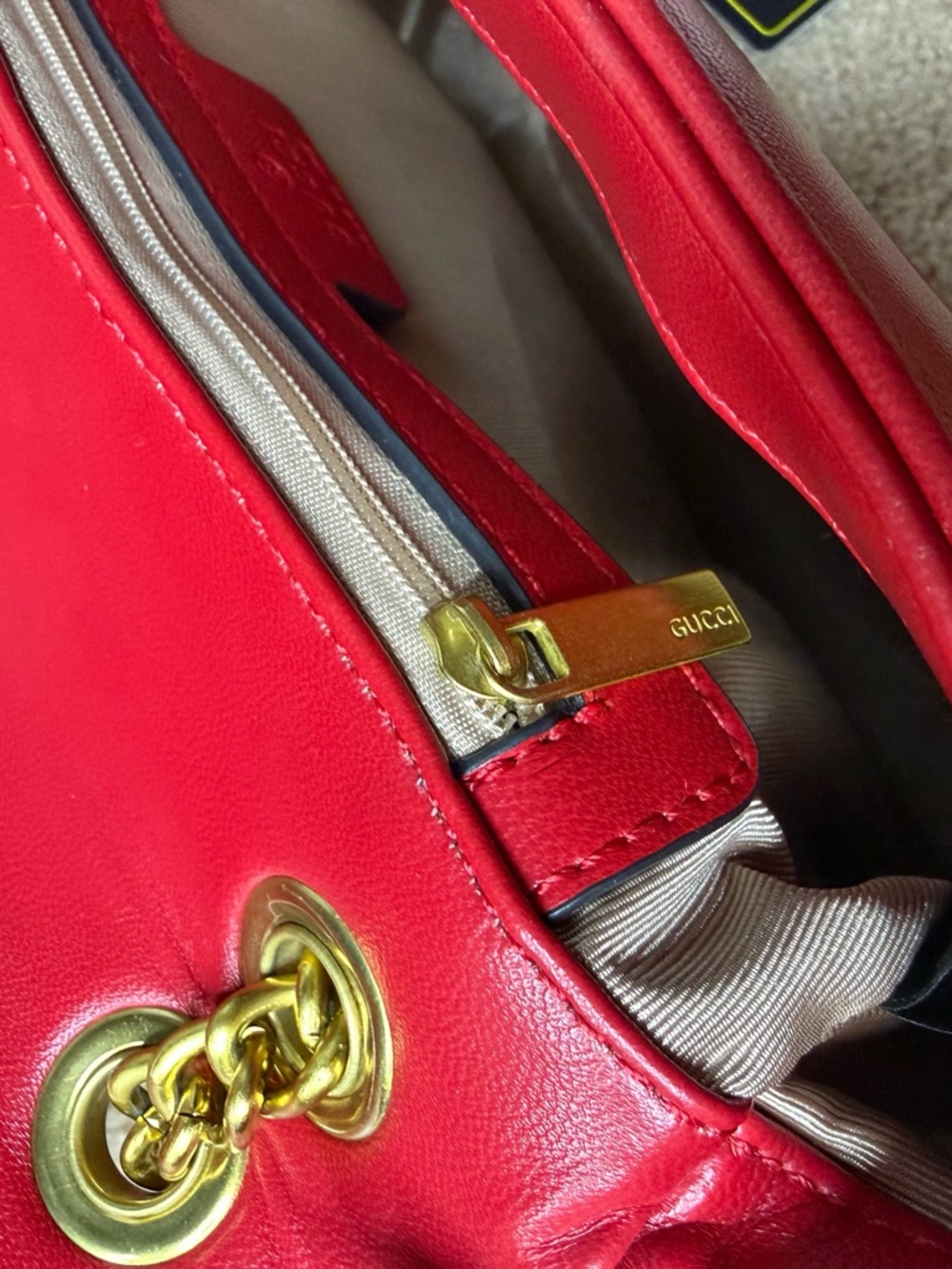 Red Quilted GG Style Gold Chain Shoulder Bag Chevron Heart Detail ❤️✨ - Picture 10 of 13
